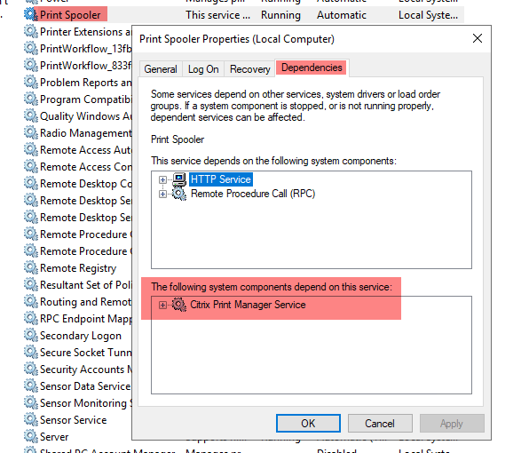 nt to check the Print Spooler service for any depe