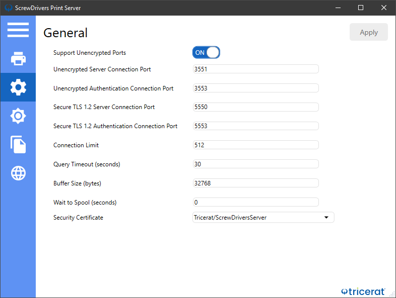 ScrewDrivers Print Server Settings page with certificate selection interface showing certificate store dropdown and browse button