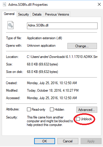 Example of the unblock option in recent versions of Windows
