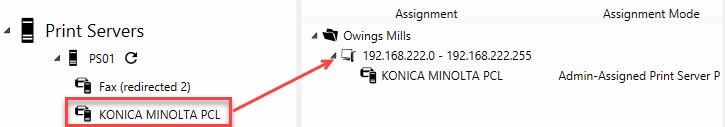 Printer assignment example showing KONICA printer assigned to IP address range