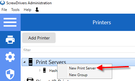 New Print Server dialog showing Name and Hostname fields