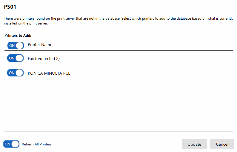 Update Printers dialog showing available printers