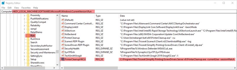 Registry Run key configuration for PrinterCleanup.exe