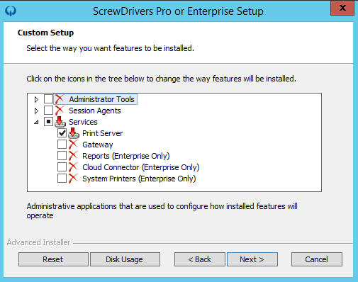ScrewDrivers v7 Print Server installation component selection