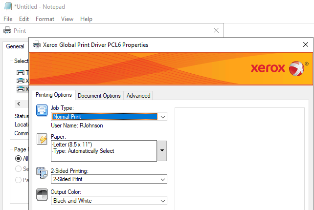 Printer properties showing profile-applied settings