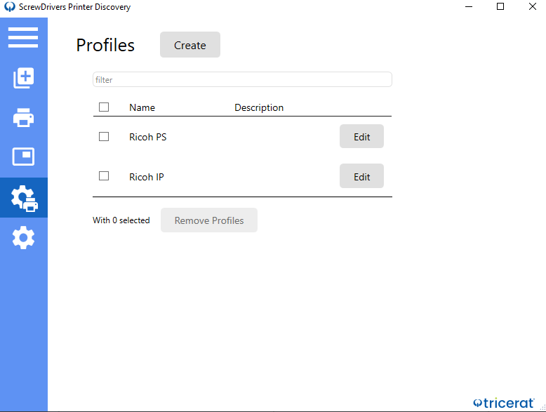 Profiles tab in Printer Discovery