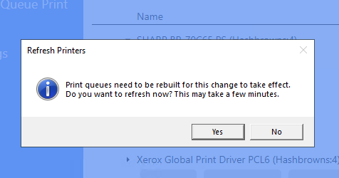 Prompt to refresh printer queues